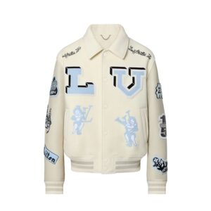 Jaqueta Varsity Louis Vuitton em Couro Misto com Patches - Blanc Lait